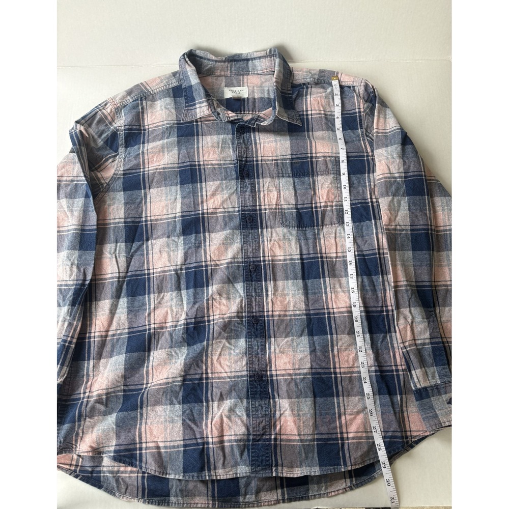 American Eagle Mens XXL Super Soft Flannel Shirt Pink Navy Plaid Button Down - Picture 4 of 6